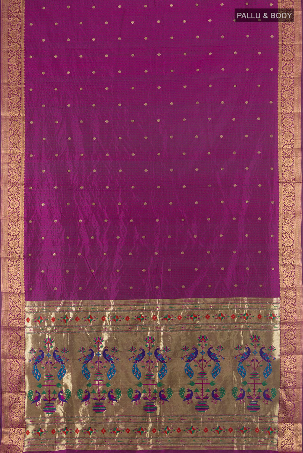 Flat view of Pure Silk Purple Bangalore Saree with Jacquard With Zari Butta on the body and Zari Border. 