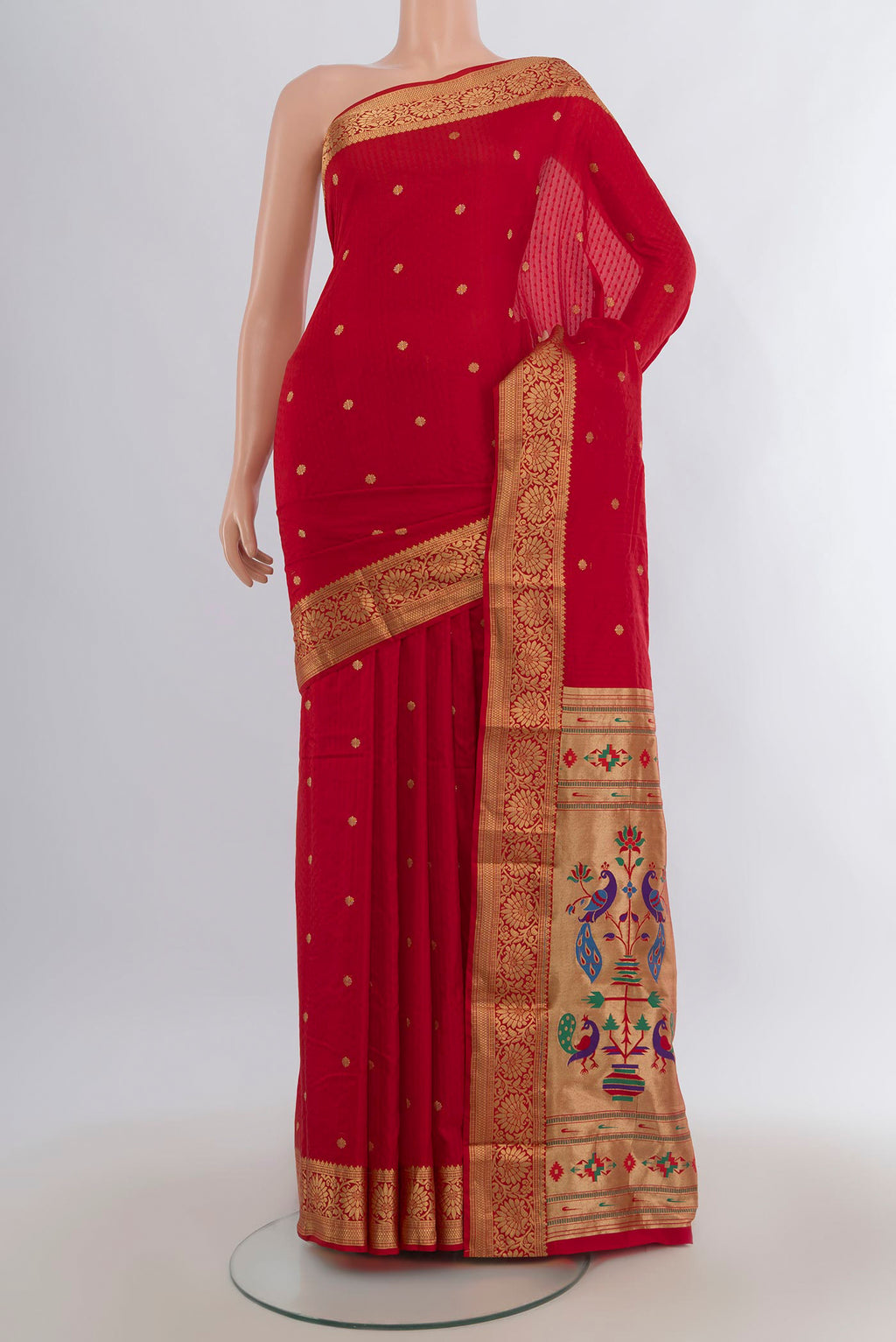 Red Blended Bangalore Silk Saree with Jacquard With Zari Butta on the body and Zari Border.  displayed on a mannequin