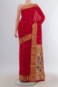 Red Blended Bangalore Silk Saree with Jacquard With Zari Butta on the body and Zari Border.  displayed on a mannequin