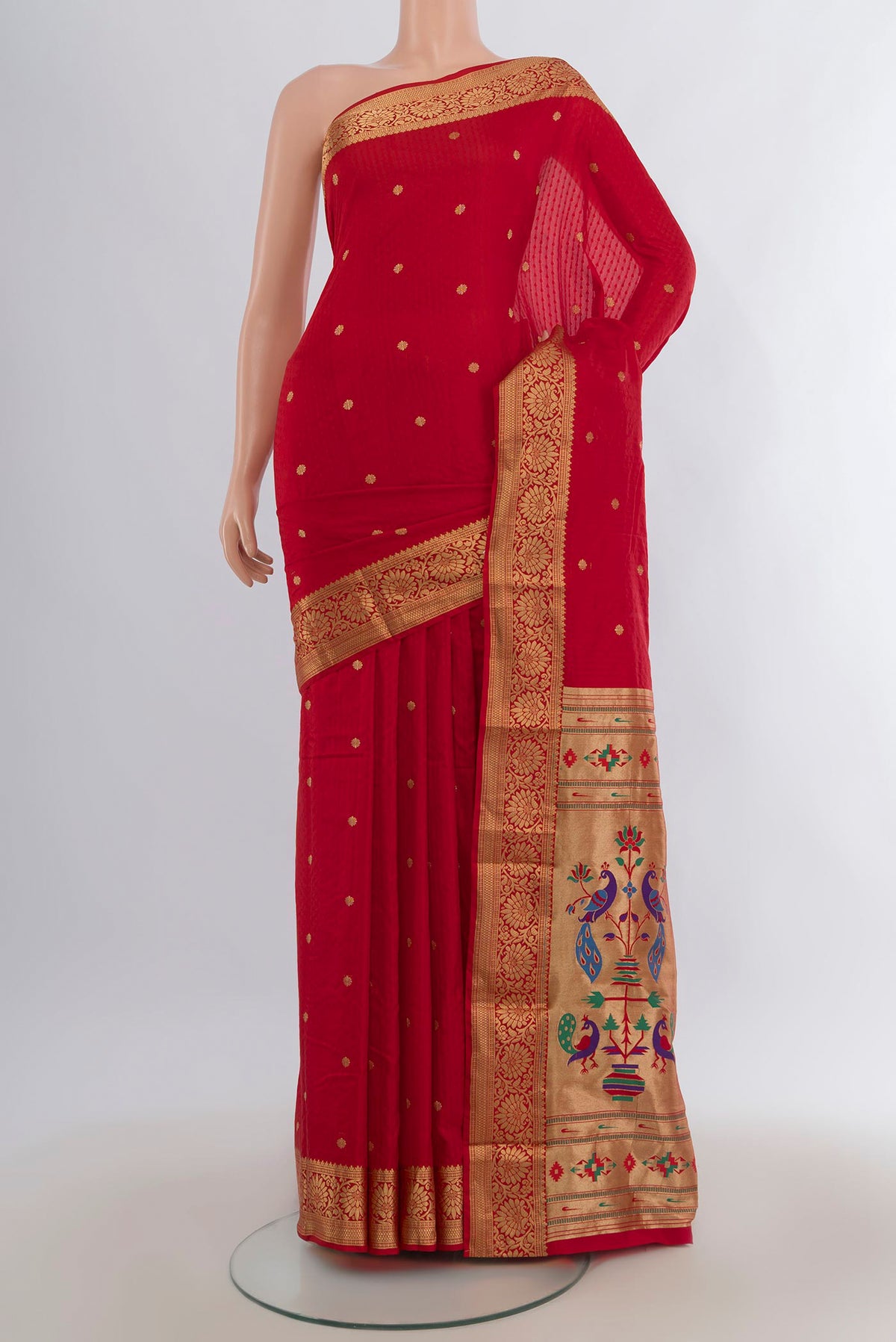 Red Blended Bangalore Silk Saree with Jacquard With Zari Butta on the body and Zari Border.  displayed on a mannequin