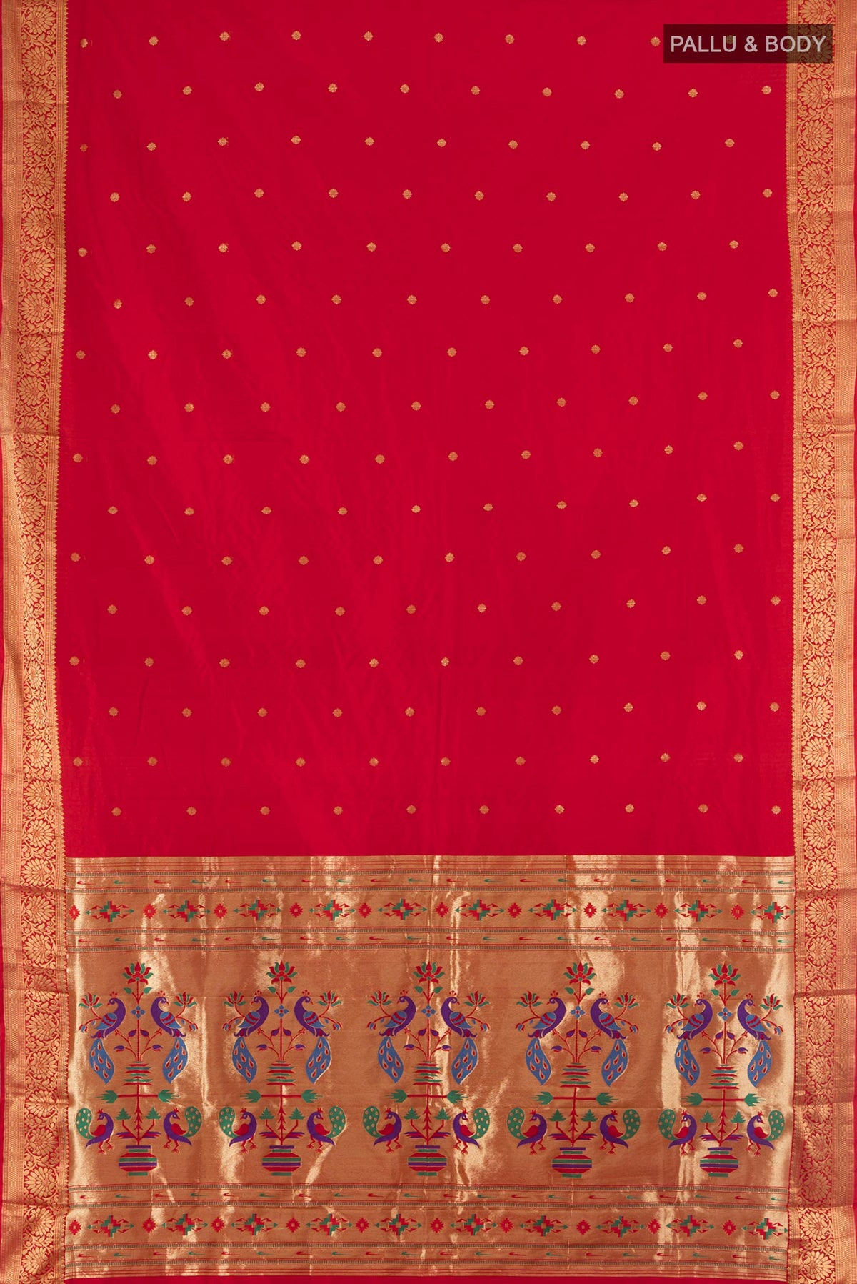 Flat view of Red Blended Bangalore Silk Saree with Jacquard With Zari Butta on the body and Zari Border. 