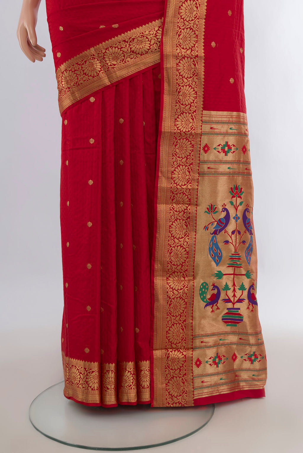 Pleats and pallu of Red Blended Bangalore Silk Saree with Jacquard With Zari Butta on the body and Zari Border. 