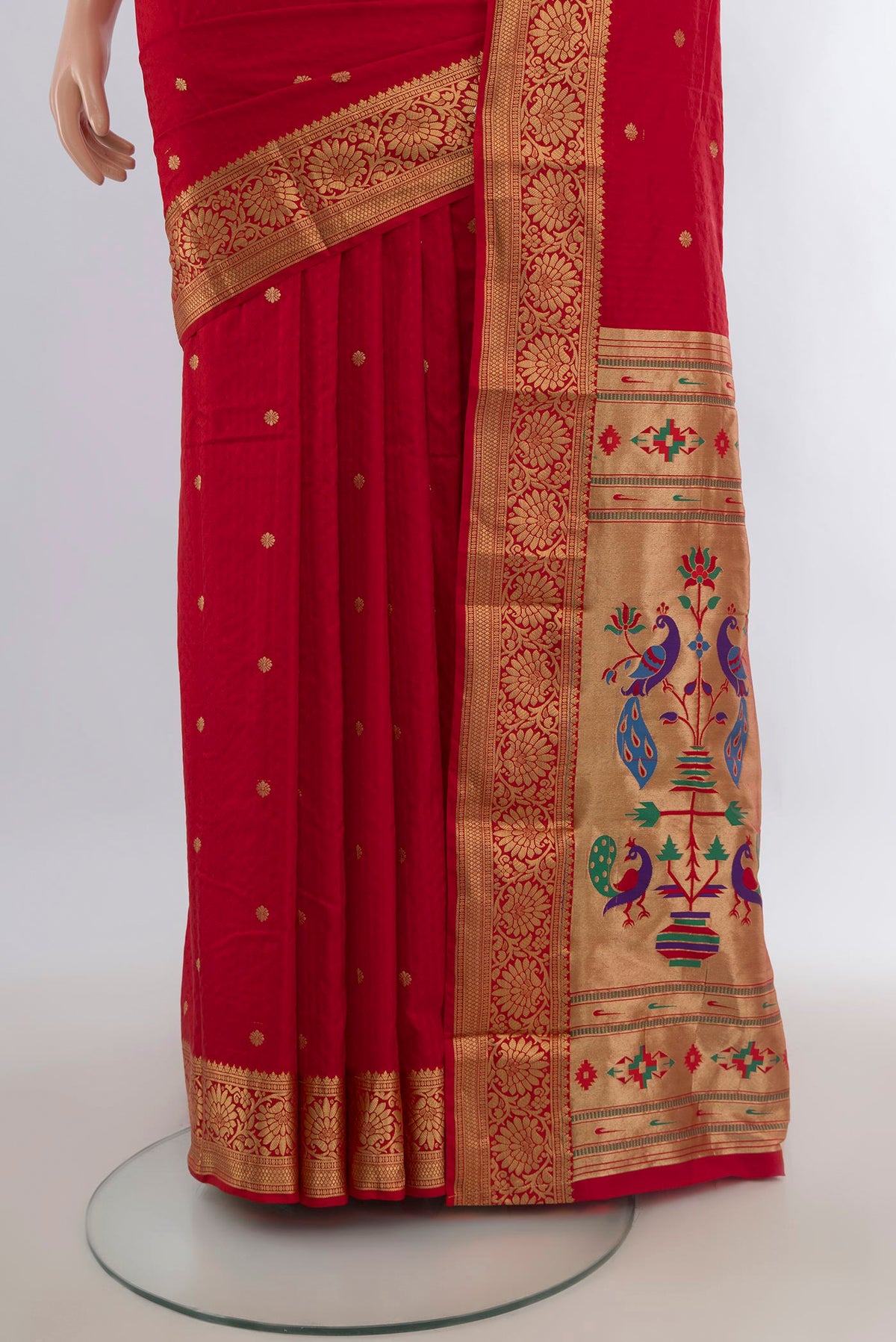 Pleats and pallu of Red Blended Bangalore Silk Saree with Jacquard With Zari Butta on the body and Zari Border. 