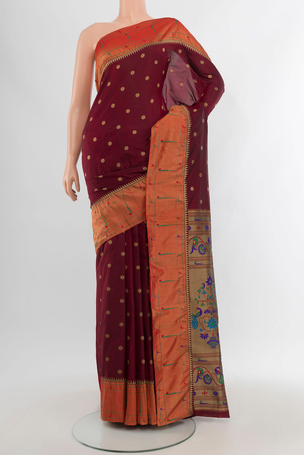 Maroon Bangalore Silk - kadyal Saree with Zari Butta on the body and Zari Border.  displayed on a mannequin