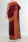 Maroon Bangalore Silk - kadyal Saree with Zari Butta on the body and Zari Border.  displayed on a mannequin