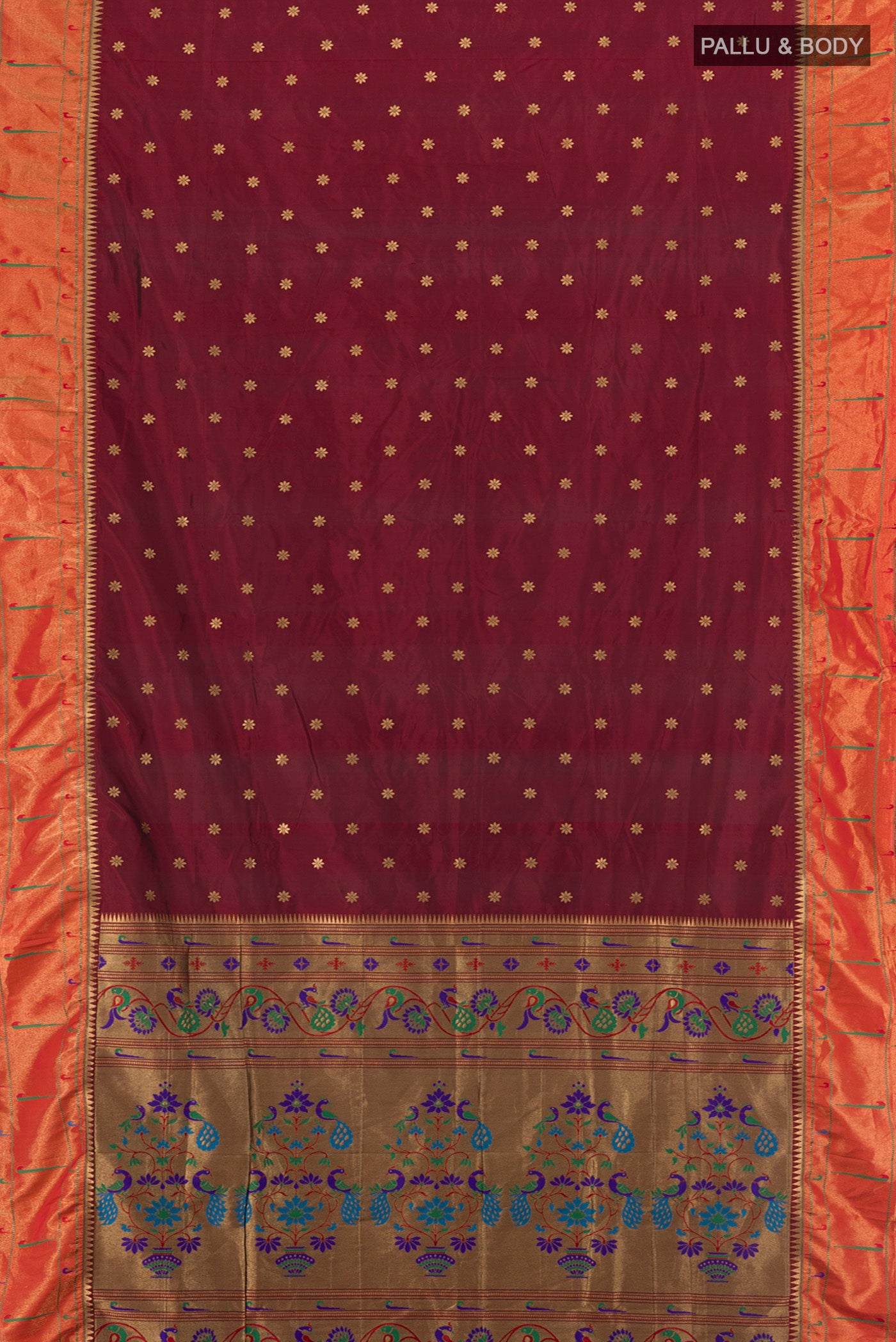 Flat view of Maroon Bangalore Silk - kadyal Saree with Zari Butta on the body and Zari Border. 