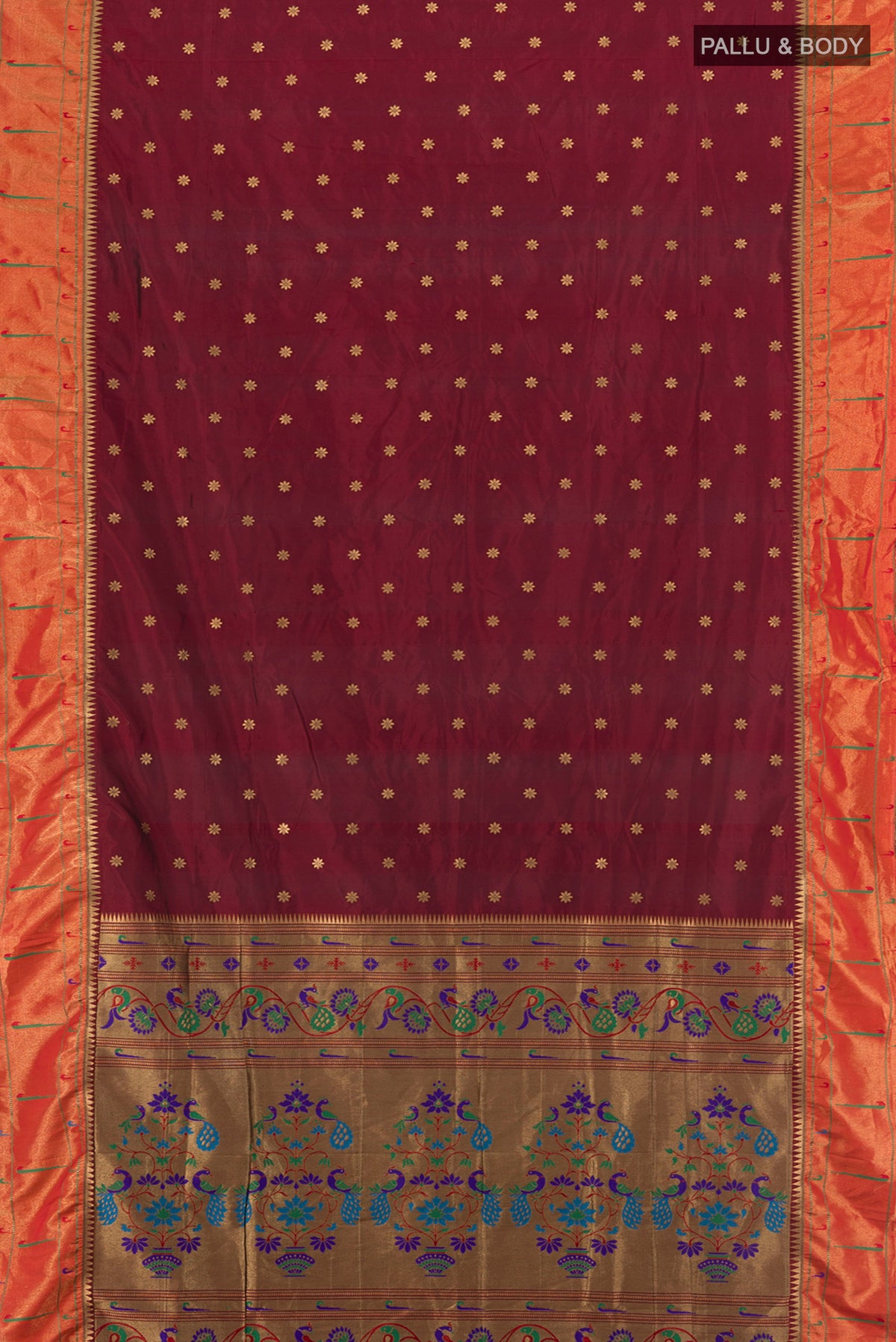 Flat view of Maroon Bangalore Silk - kadyal Saree with Zari Butta on the body and Zari Border. 