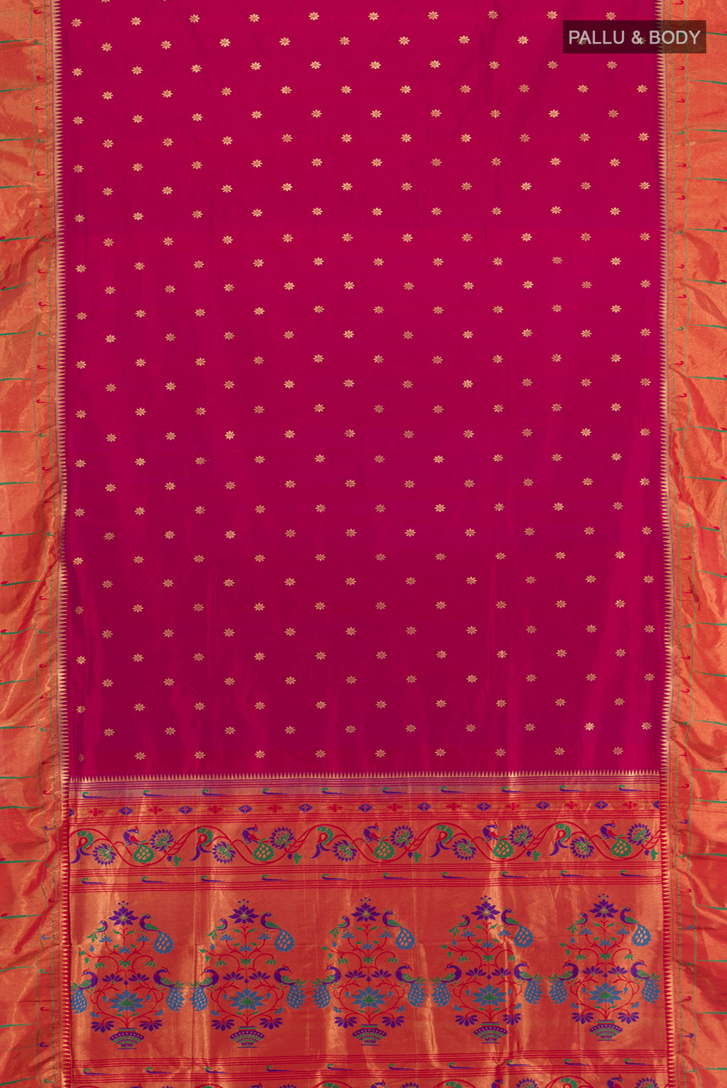 Flat view of Magenta Paithani Silk Saree with Zari Butta on the body and Paithani Border. 