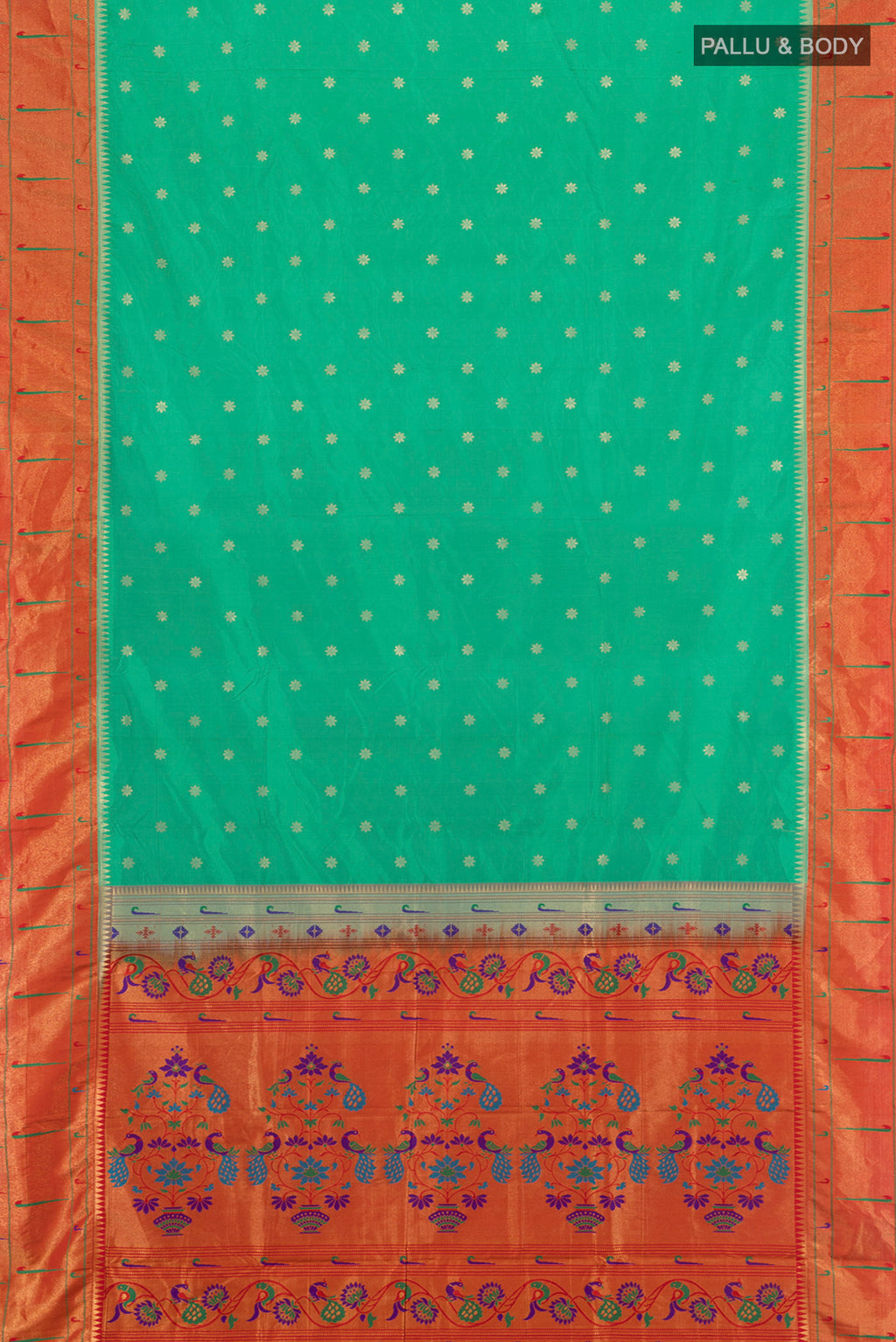 Flat view of Turquoise Paithani Silk Saree with Zari Butta on the body and Paithani Border. 
