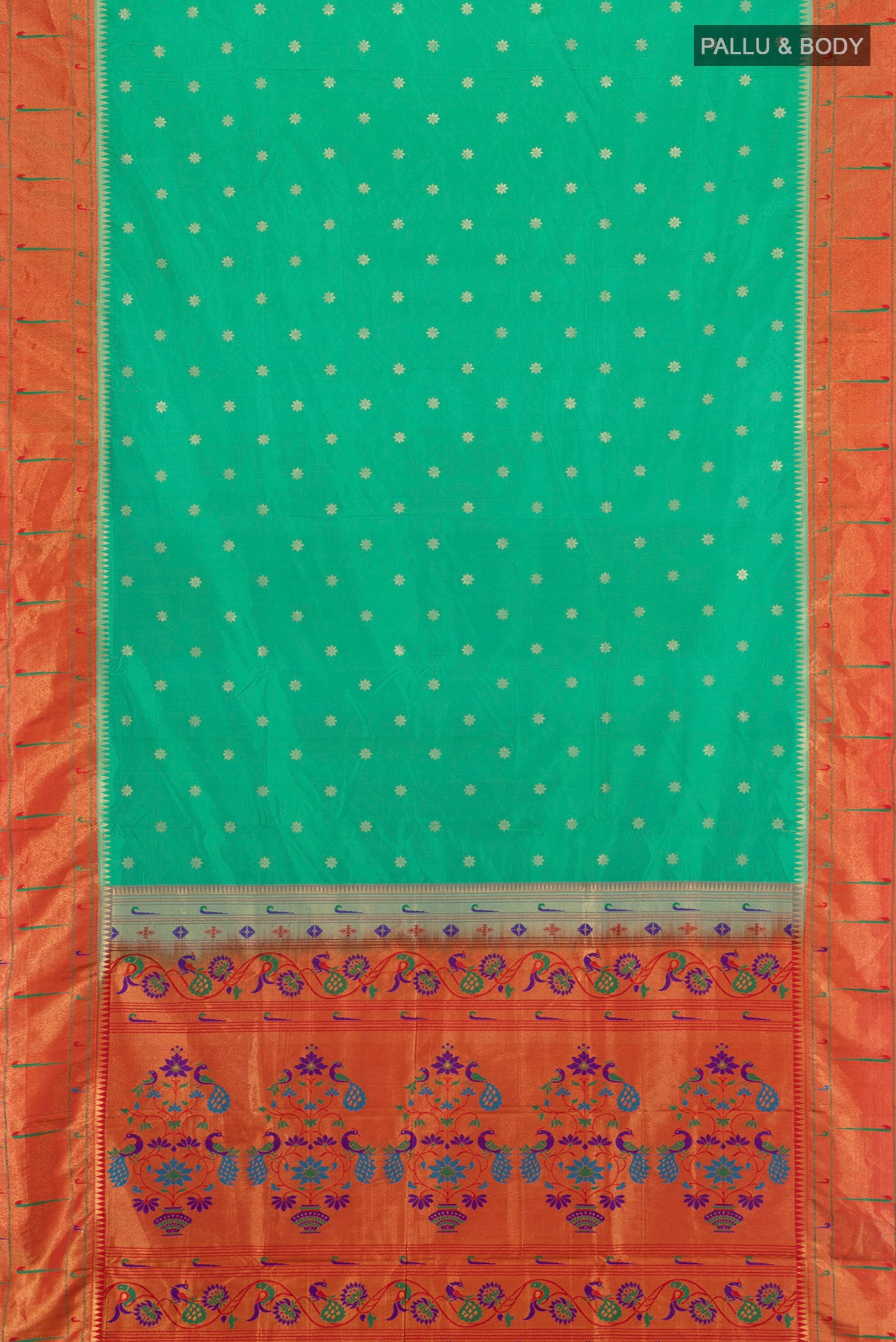 Flat view of Turquoise Paithani Silk Saree with Zari Butta on the body and Paithani Border. 