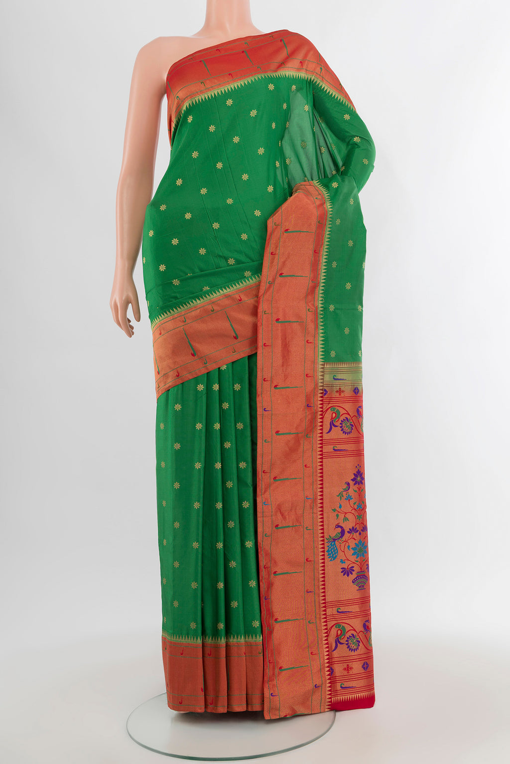 Green Bangalore Silk Saree with Zari Butta on the body and Paithani Border.  displayed on a mannequin