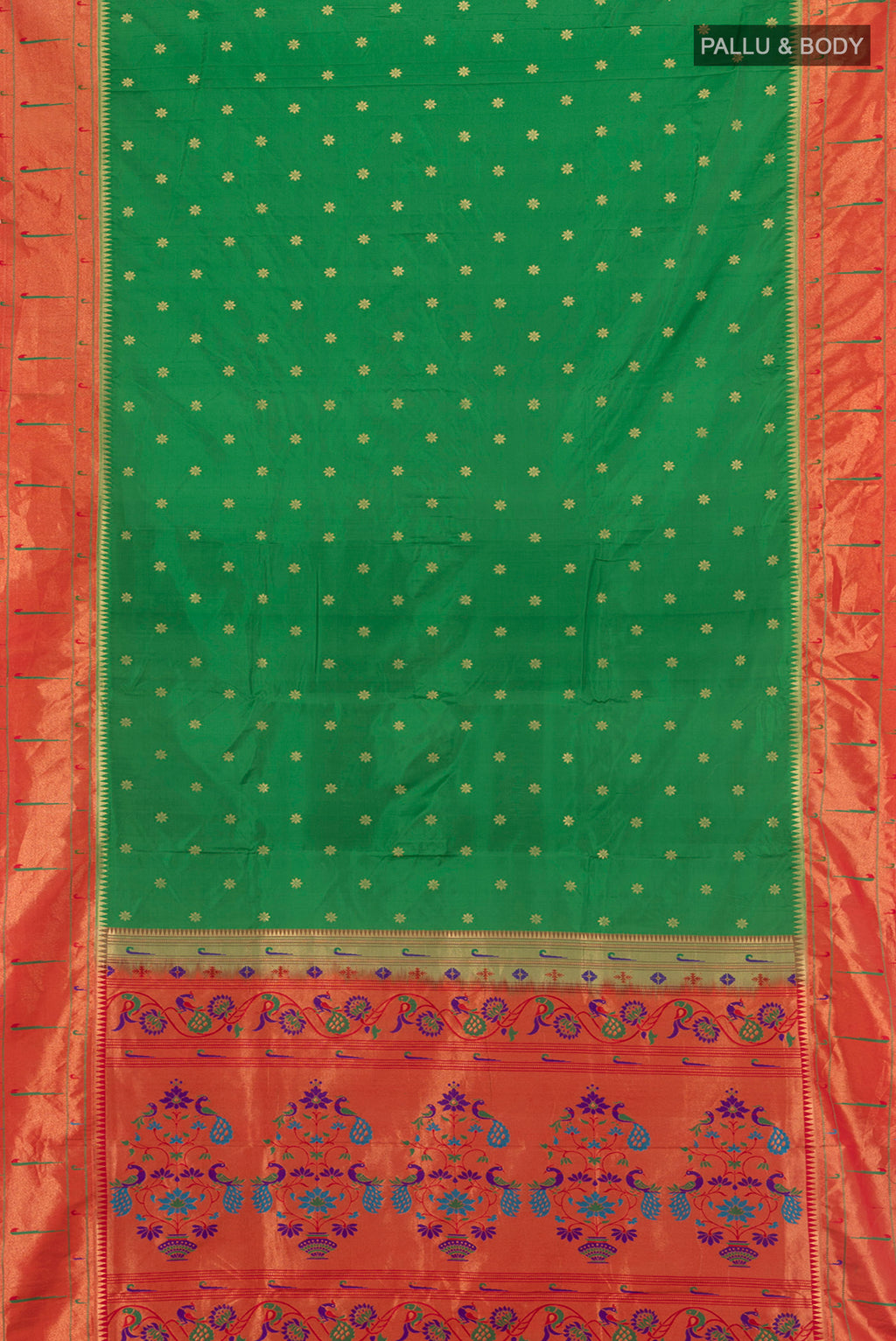 Flat view of Green Bangalore Silk Saree with Zari Butta on the body and Paithani Border. 