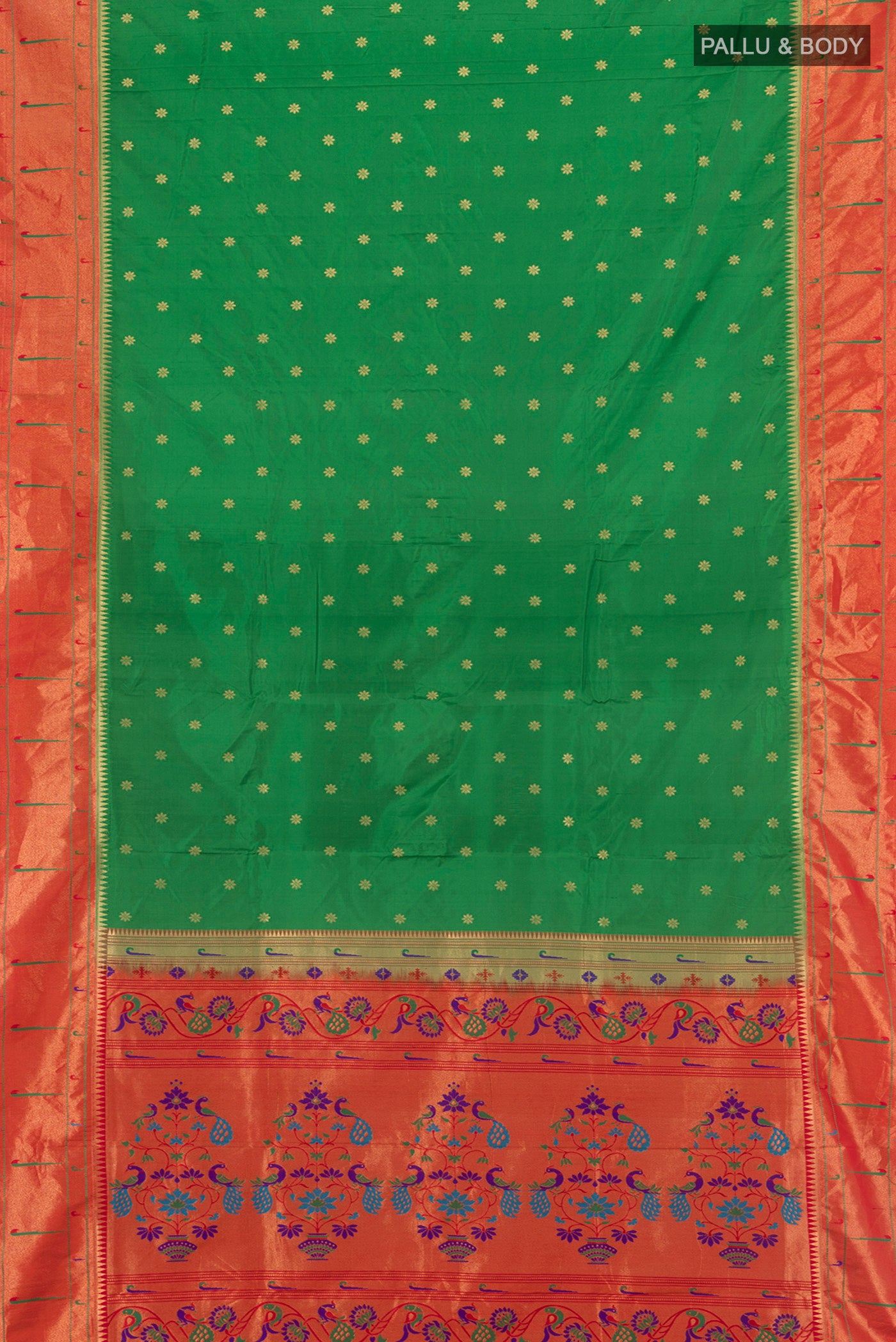 Flat view of Green Bangalore Silk Saree with Zari Butta on the body and Paithani Border. 