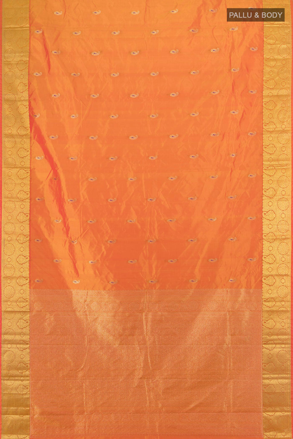 Flat view of Brick Orange Bangalore Silk Saree with Zari Butta on the body and Zari Border. 