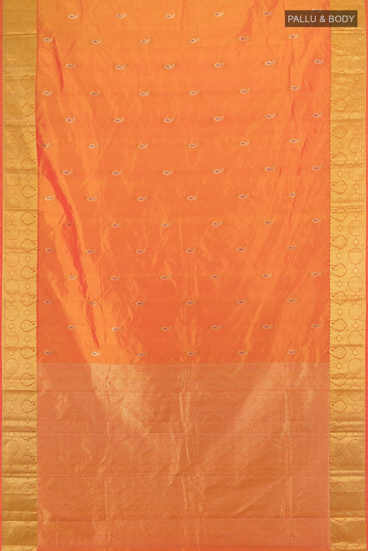Flat view of Brick Orange Bangalore Silk Saree with Zari Butta on the body and Zari Border. 
