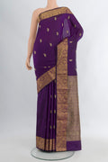 Violet Blended Bangalore Silk Saree with Zari Butta on the body and Zari Border.  displayed on a mannequin