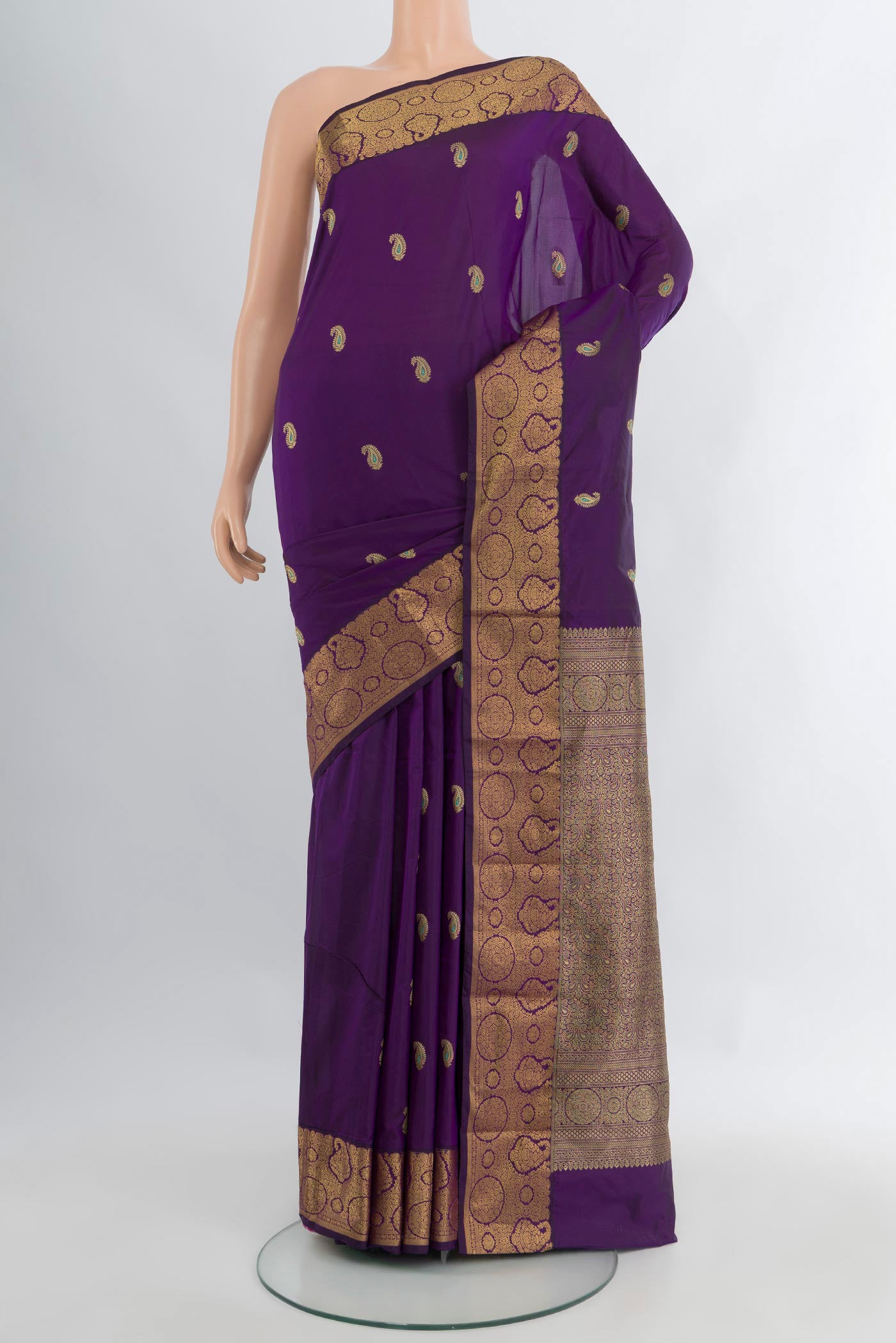 Violet Blended Bangalore Silk Saree with Zari Butta on the body and Zari Border.  displayed on a mannequin