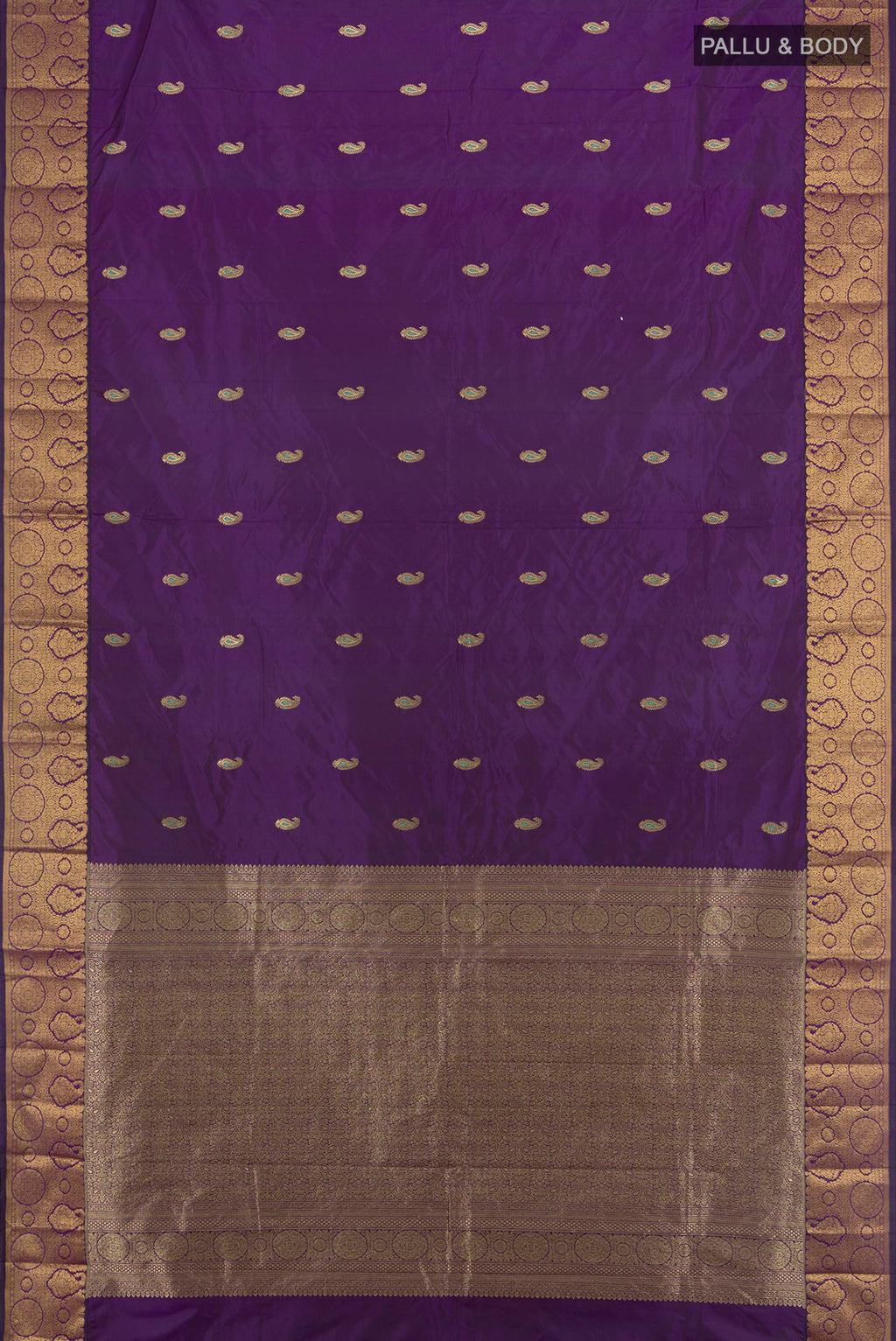 Flat view of Violet Blended Bangalore Silk Saree with Zari Butta on the body and Zari Border. 