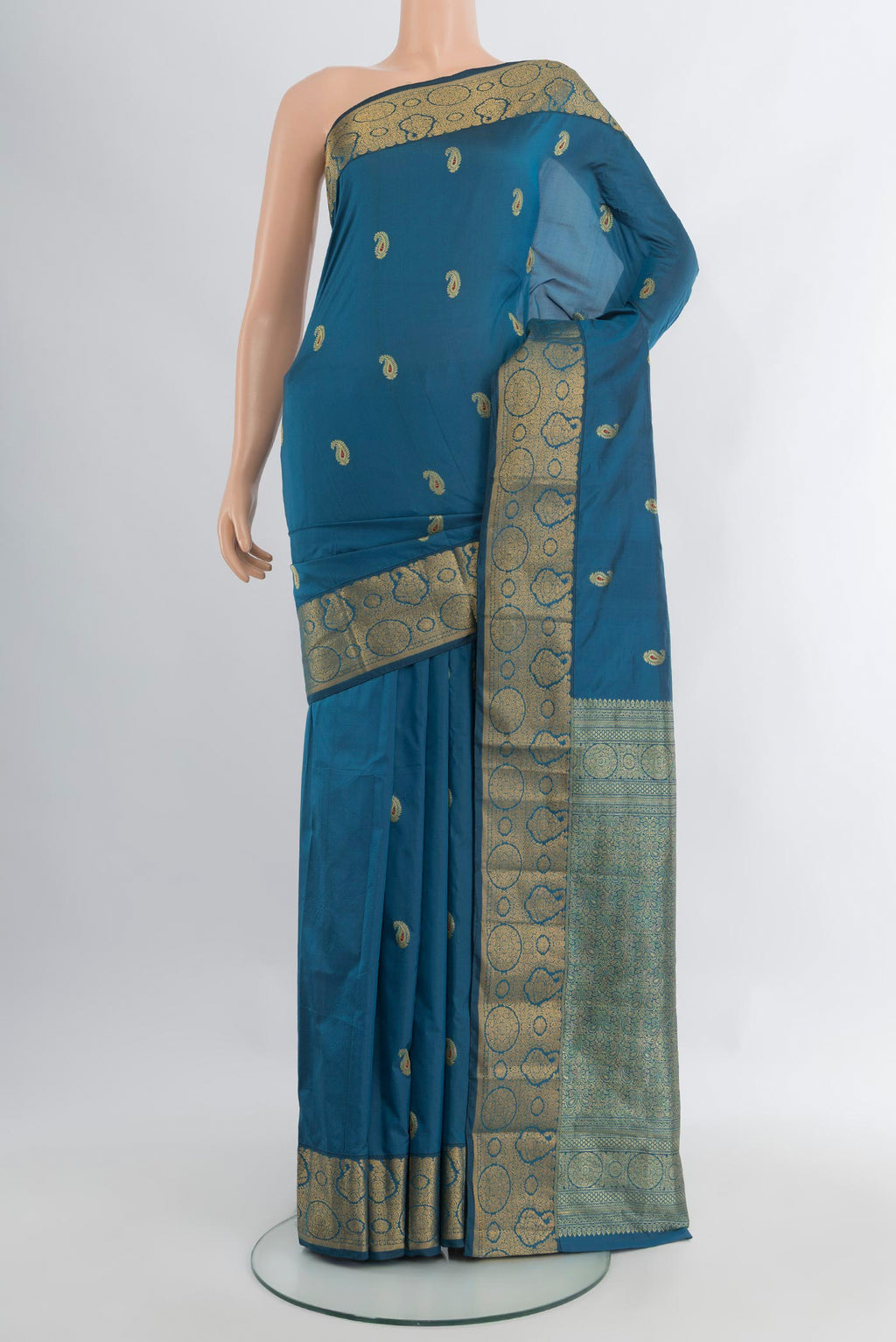 Blue Blended Bangalore Silk Saree with Zari Butta on the body and Zari Border.  displayed on a mannequin