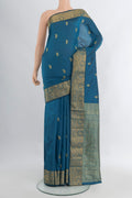 Blue Blended Bangalore Silk Saree with Zari Butta on the body and Zari Border.  displayed on a mannequin