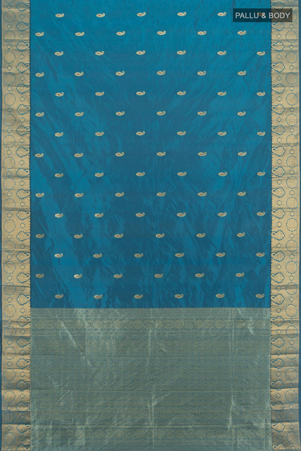 Flat view of Blue Blended Bangalore Silk Saree with Zari Butta on the body and Zari Border. 