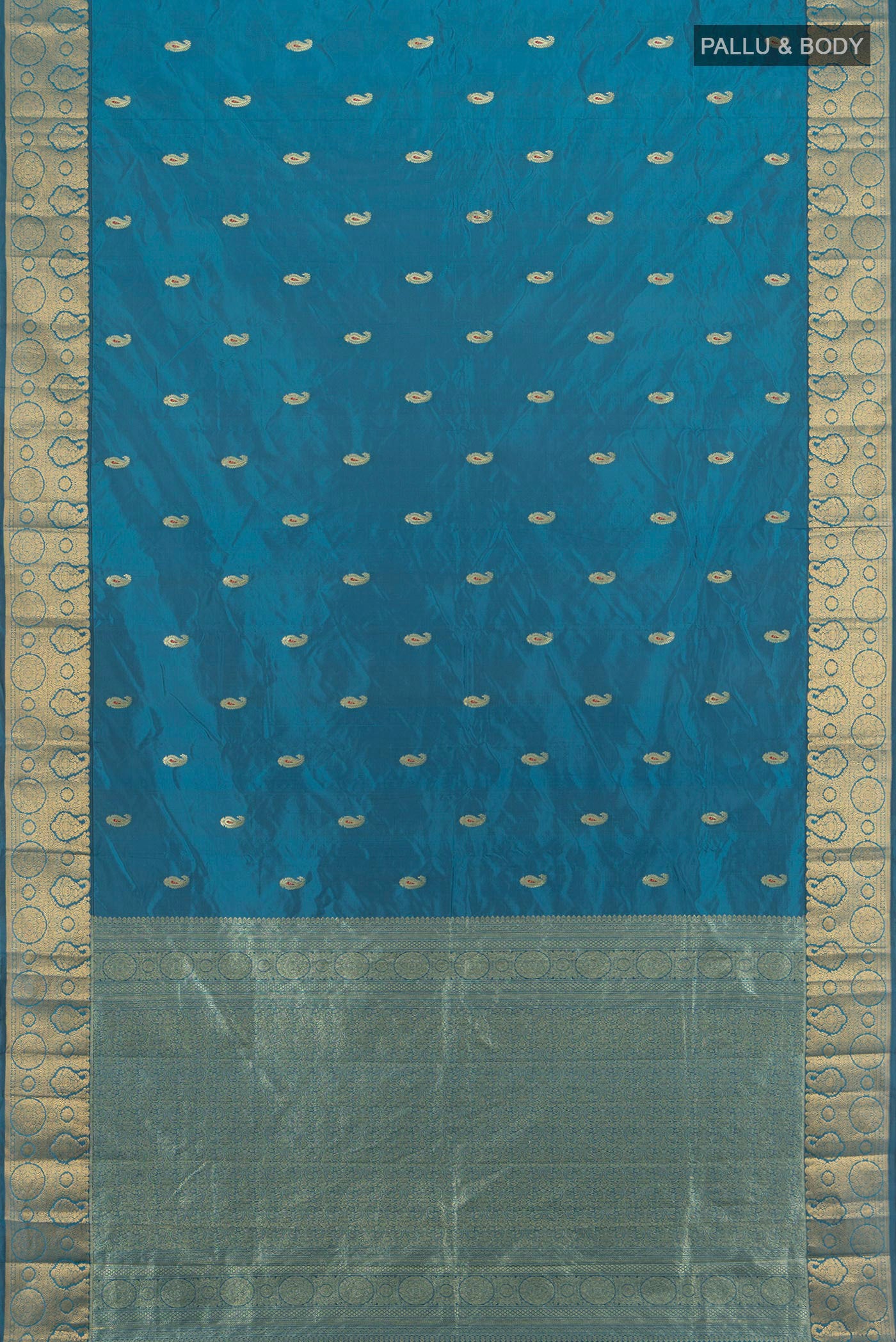 Flat view of Blue Blended Bangalore Silk Saree with Zari Butta on the body and Zari Border. 