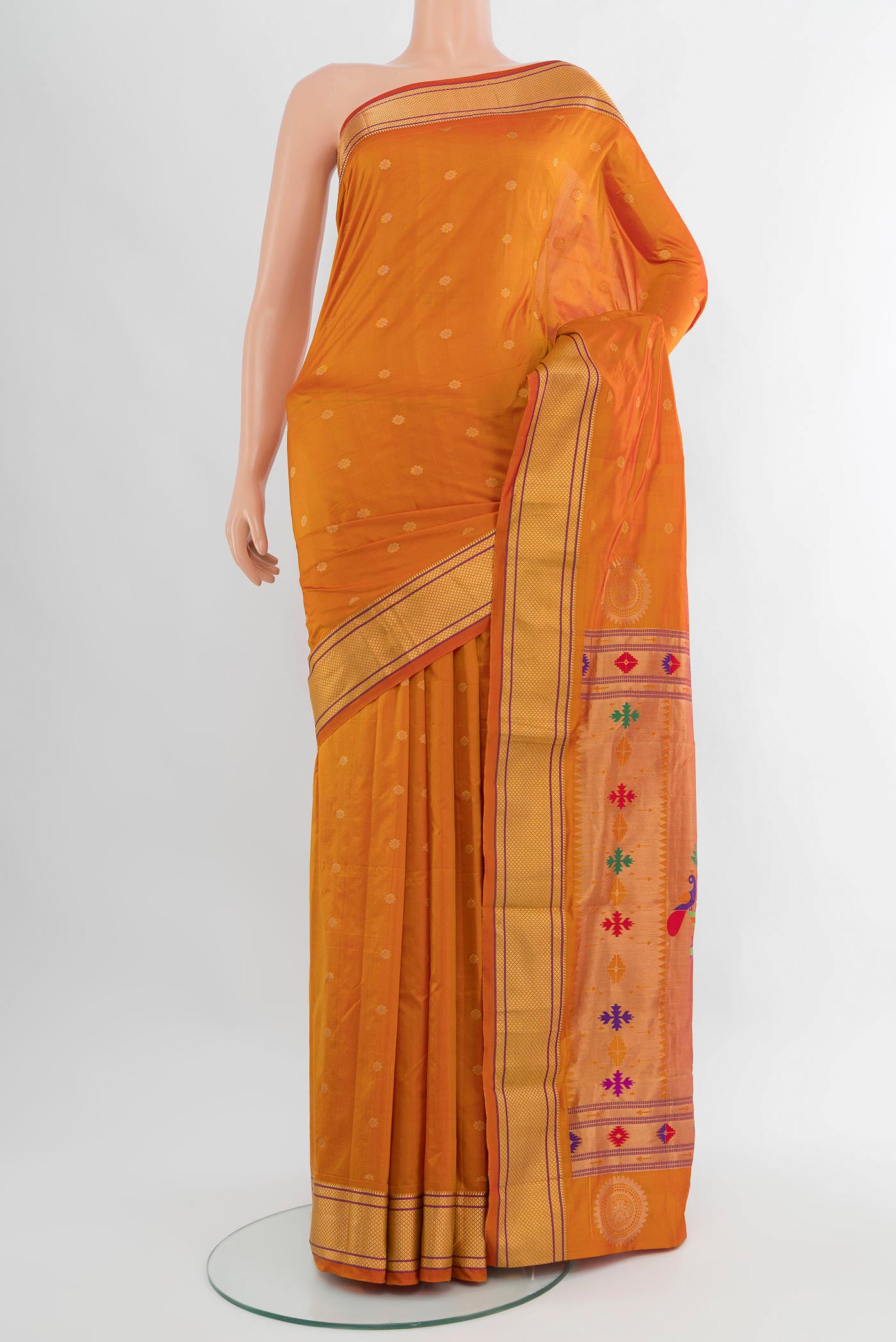 Mustard Blended Bangalore Silk Saree with Zari Butta on the body and Zari Border.  displayed on a mannequin