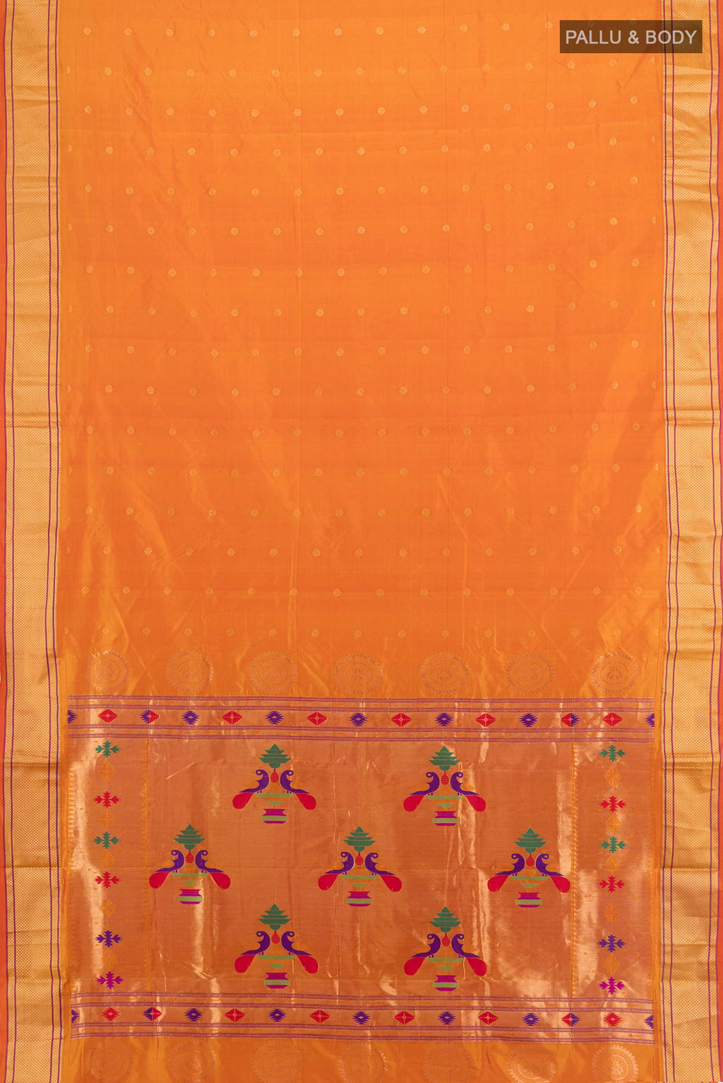 Flat view of Mustard Blended Bangalore Silk Saree with Zari Butta on the body and Zari Border. 