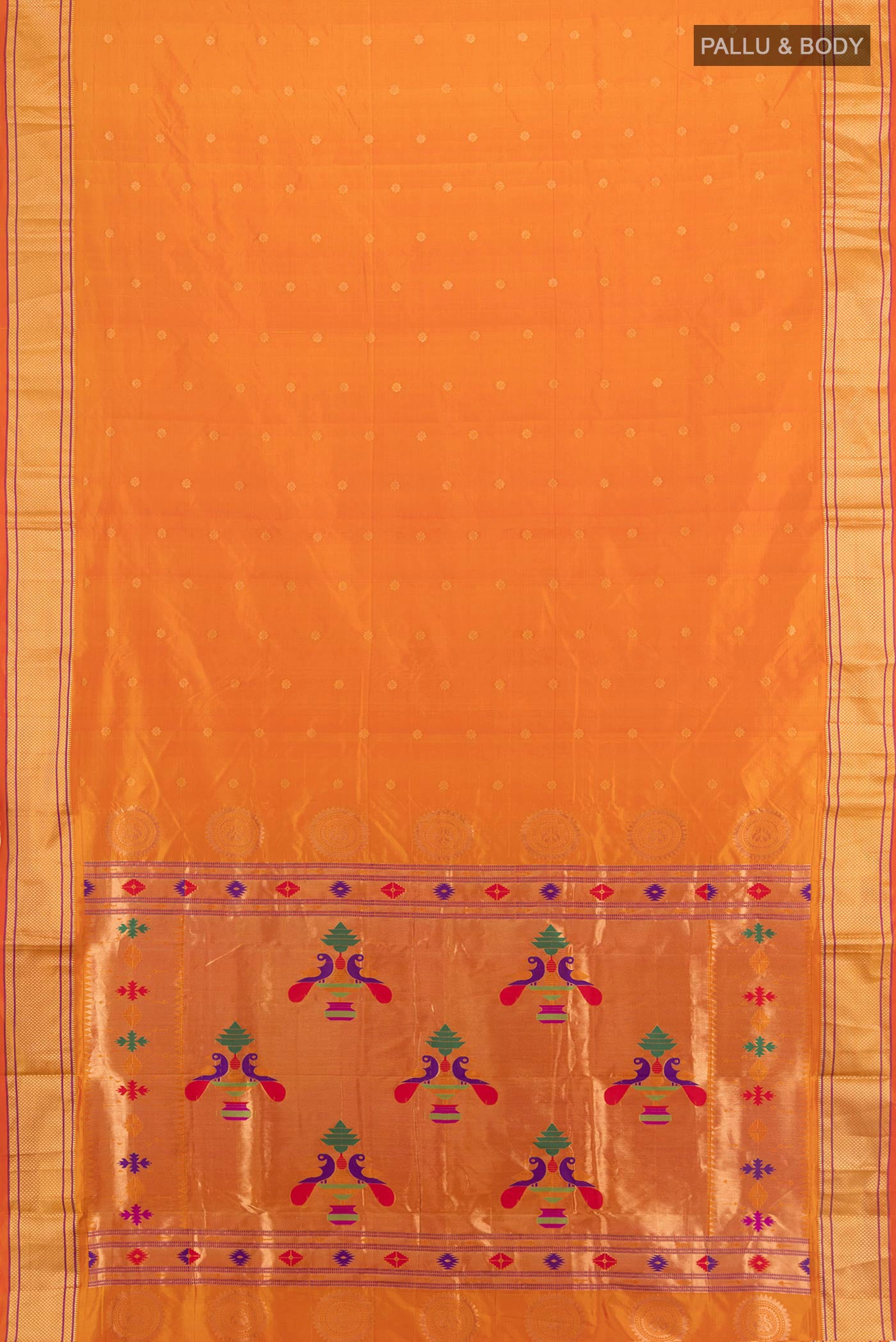 Flat view of Mustard Blended Bangalore Silk Saree with Zari Butta on the body and Zari Border. 