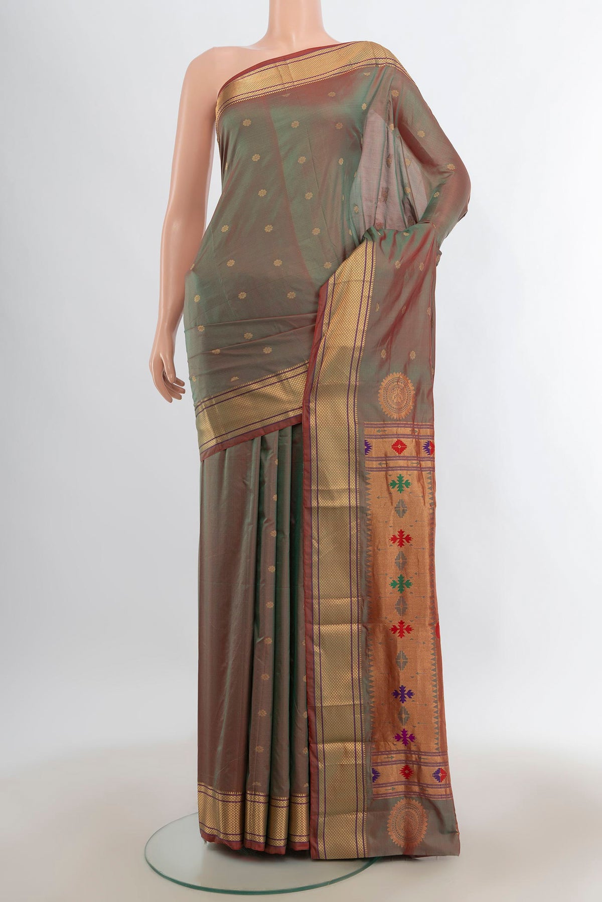 Multi Color Blended Paithani Cotton Saree with Zari Butta on the body and Zari Border.  displayed on a mannequin
