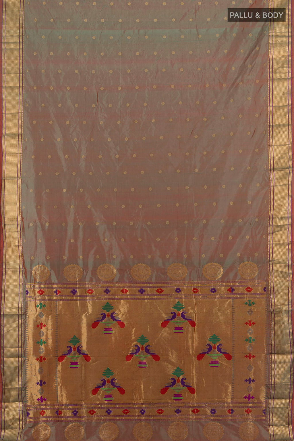 Flat view of Multi Color Blended Paithani Cotton Saree with Zari Butta on the body and Zari Border. 