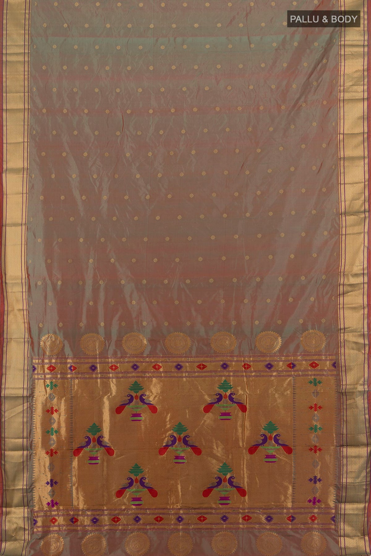 Flat view of Multi Color Blended Paithani Cotton Saree with Zari Butta on the body and Zari Border. 