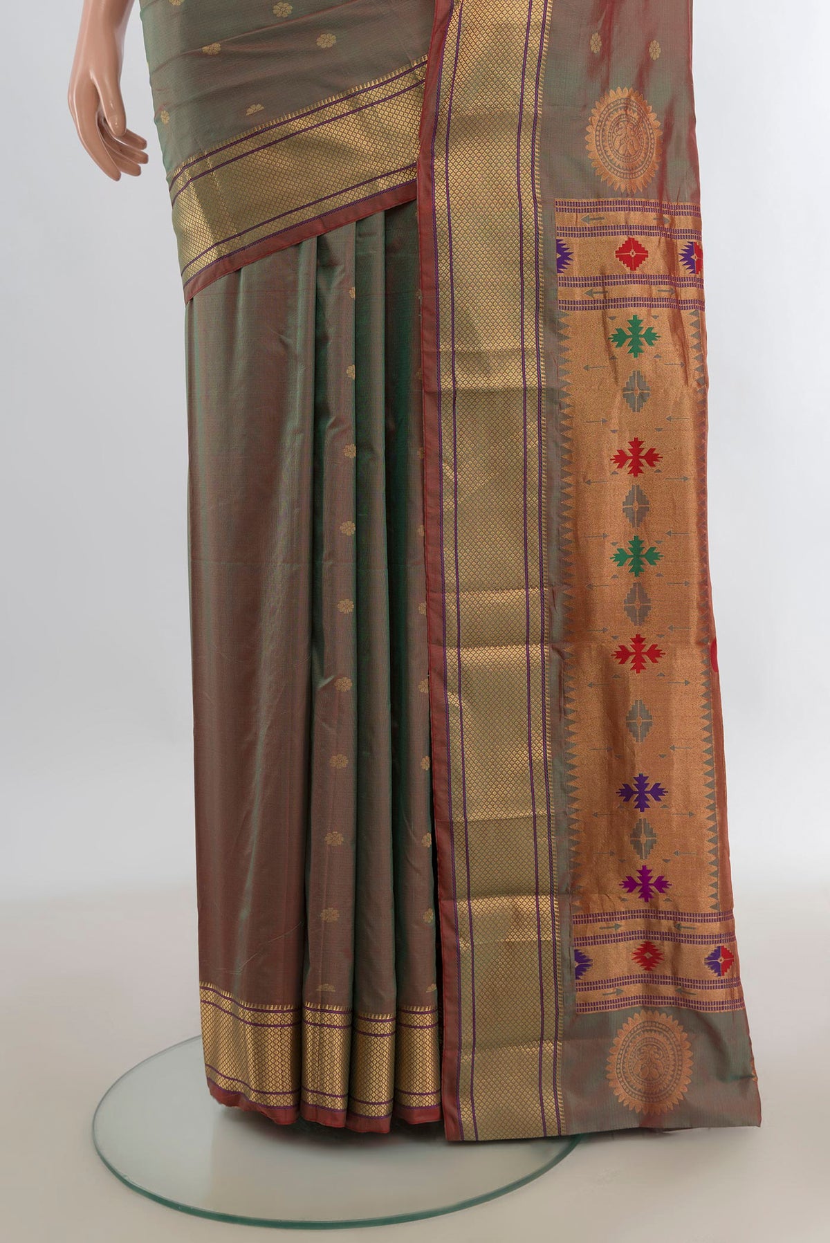 Pleats and pallu of Multi Color Blended Paithani Cotton Saree with Zari Butta on the body and Zari Border. 