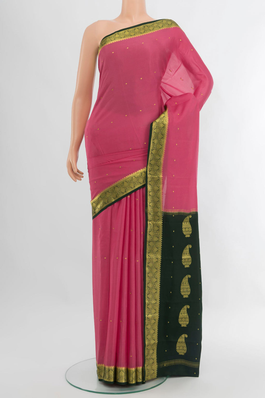 Pink Mysore Crepe Saree with Zari Butta on the body and Zari Border.  displayed on a mannequin