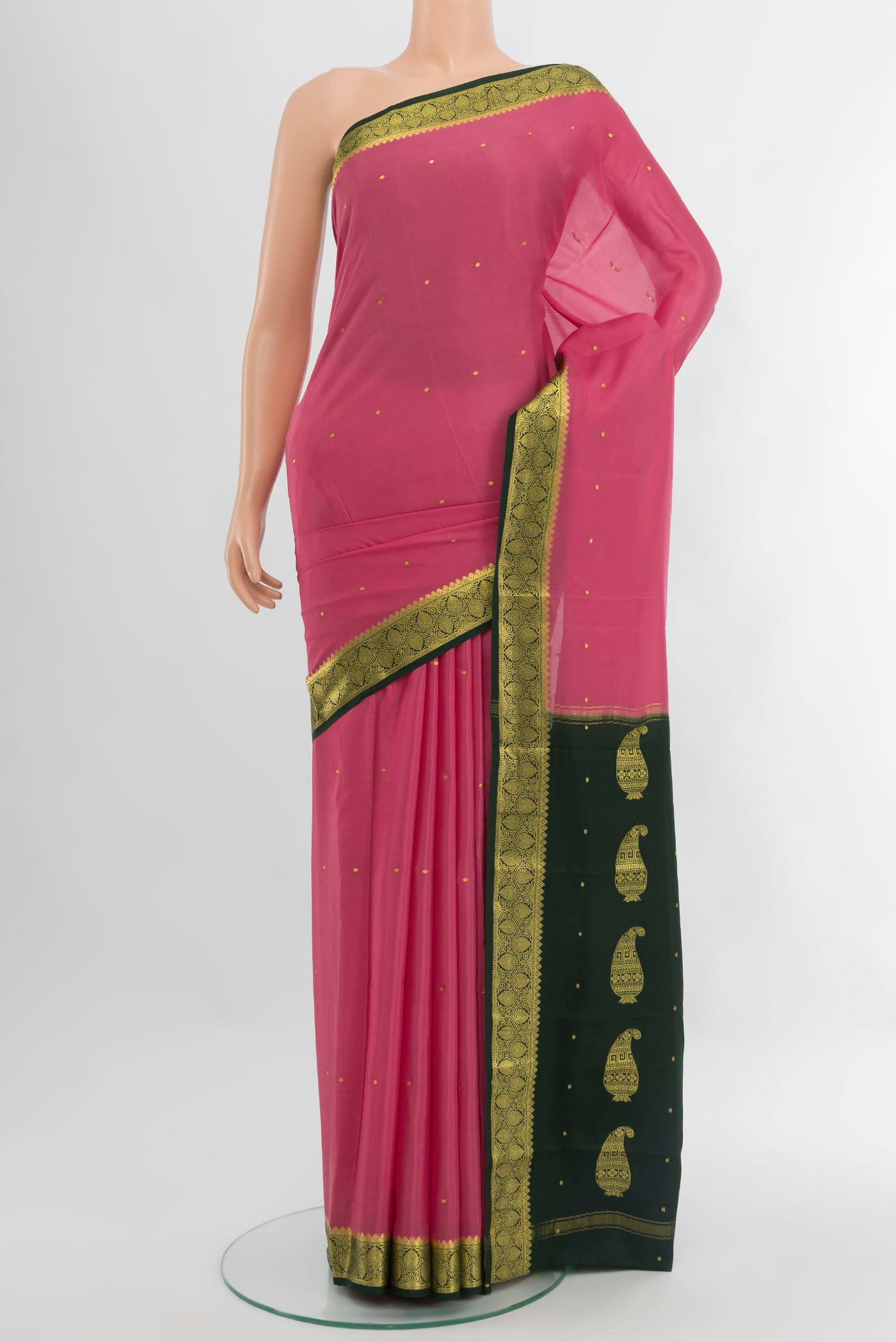 Pink Mysore Crepe Saree with Zari Butta on the body and Zari Border.  displayed on a mannequin