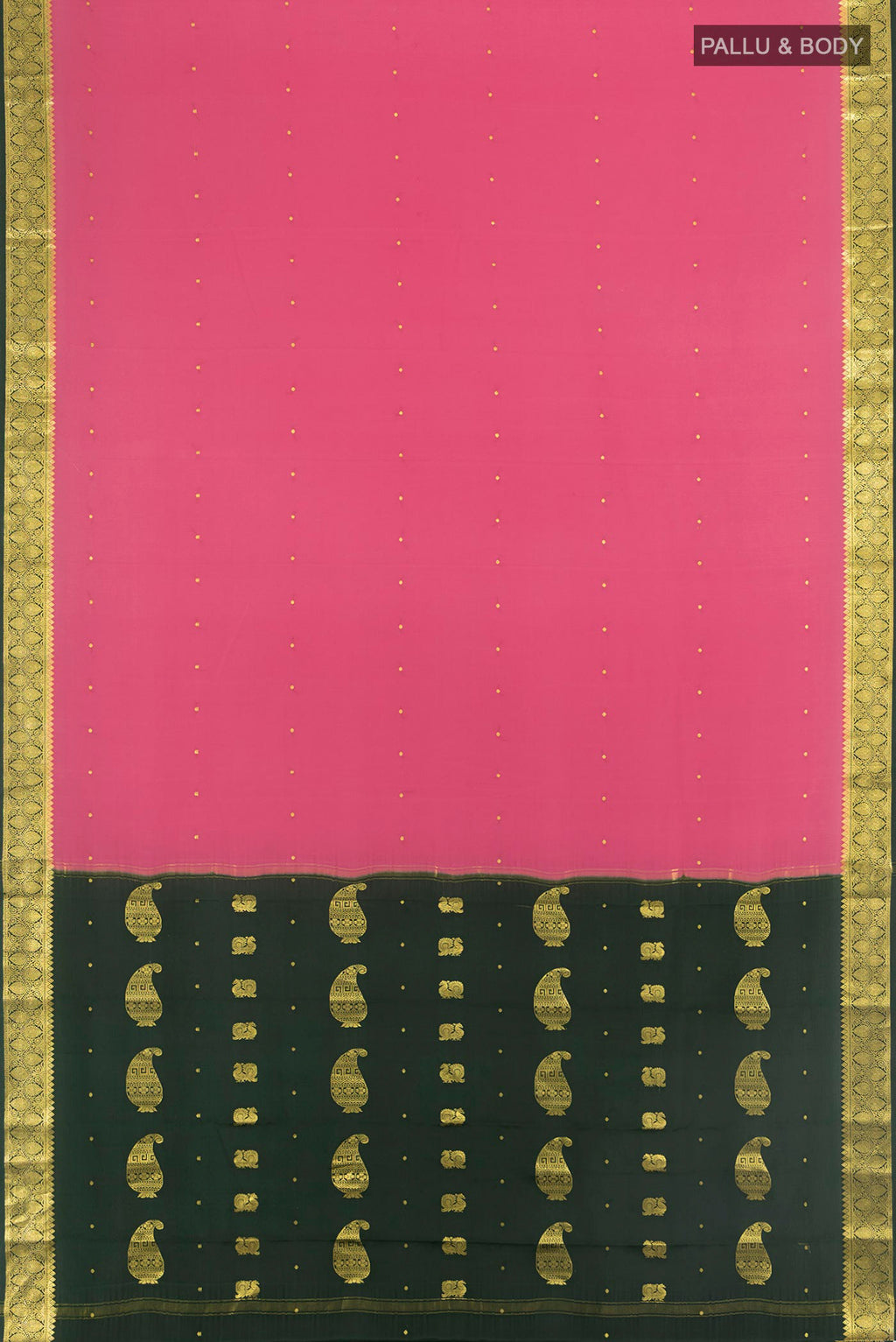 Flat view of Pink Mysore Crepe Saree with Zari Butta on the body and Zari Border. 