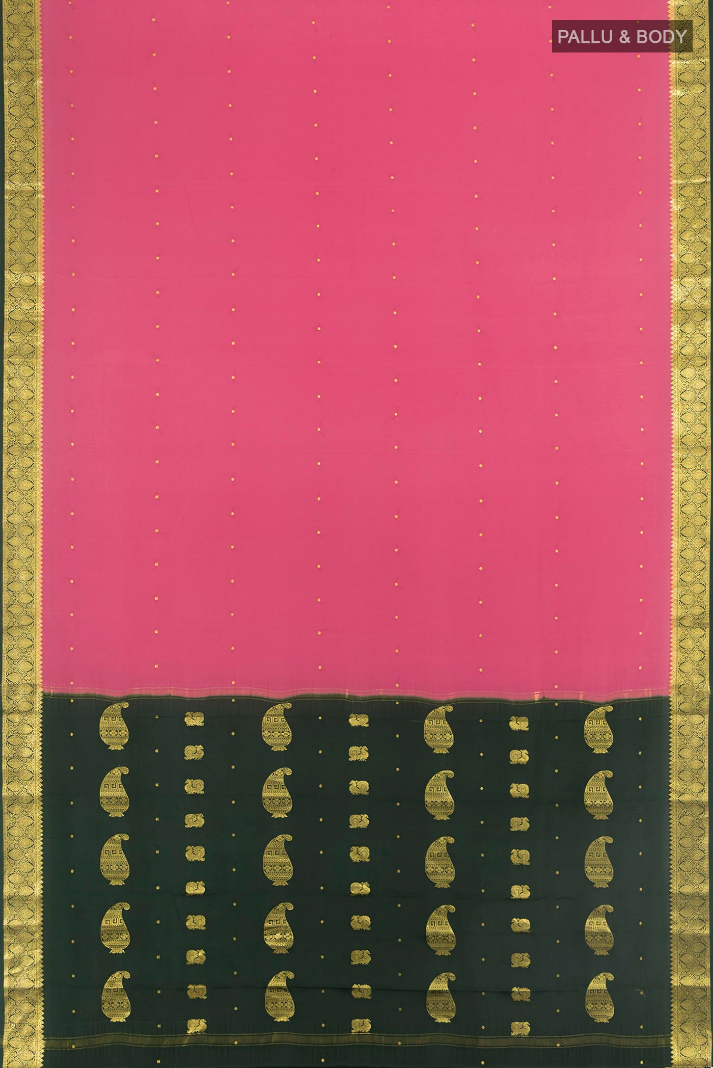 Flat view of Pink Mysore Crepe Saree with Zari Butta on the body and Zari Border. 