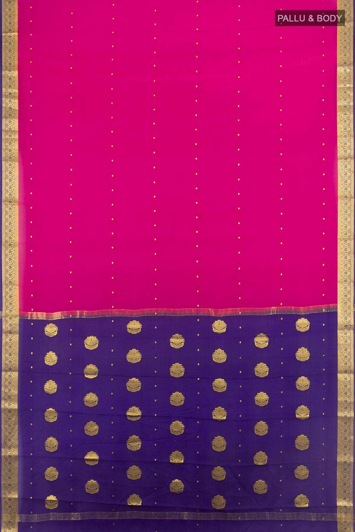 Flat view of Rani Pink Mysore Crepe Saree with Zari Butta on the body and Zari Border. 
