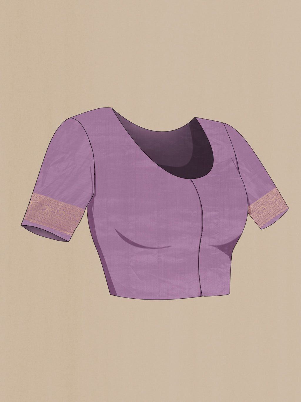 Close up image of the blouse of Lavender Banarasi Raw Silk Saree with Zari Butta on the body and Zari Border. 