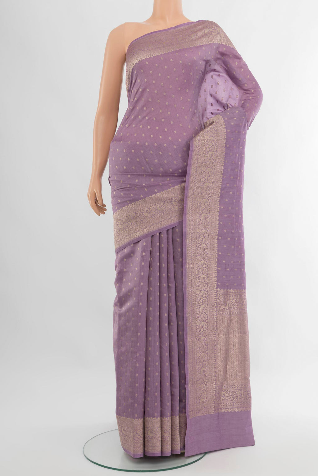 Lavender Banarasi Raw Silk Saree with Zari Butta on the body and Zari Border.  displayed on a mannequin