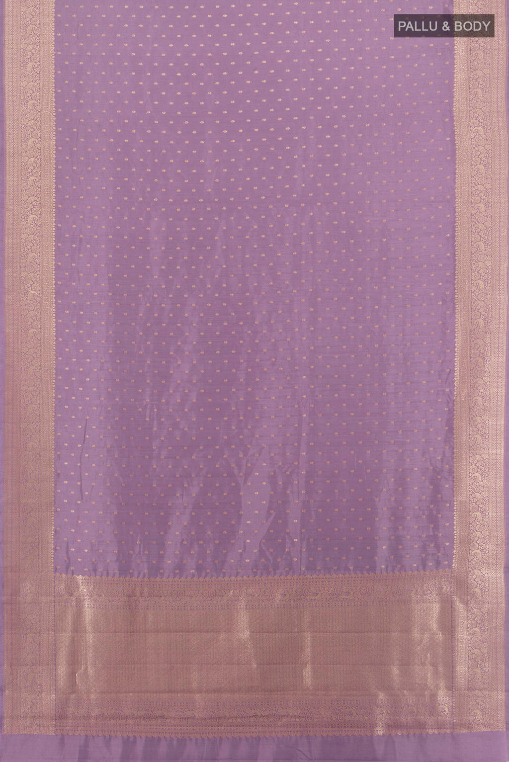 Flat view of Lavender Banarasi Raw Silk Saree with Zari Butta on the body and Zari Border. 
