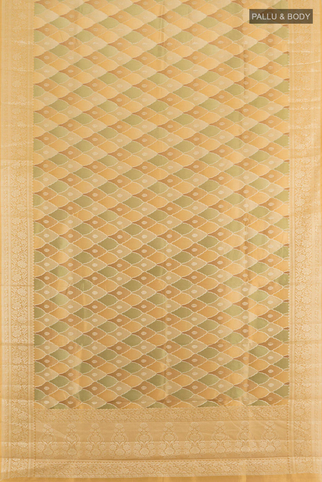 Flat view of Pure Silk Sandal Banarasi Tussar Saree with Zari Butta on the body and Zari Border. 