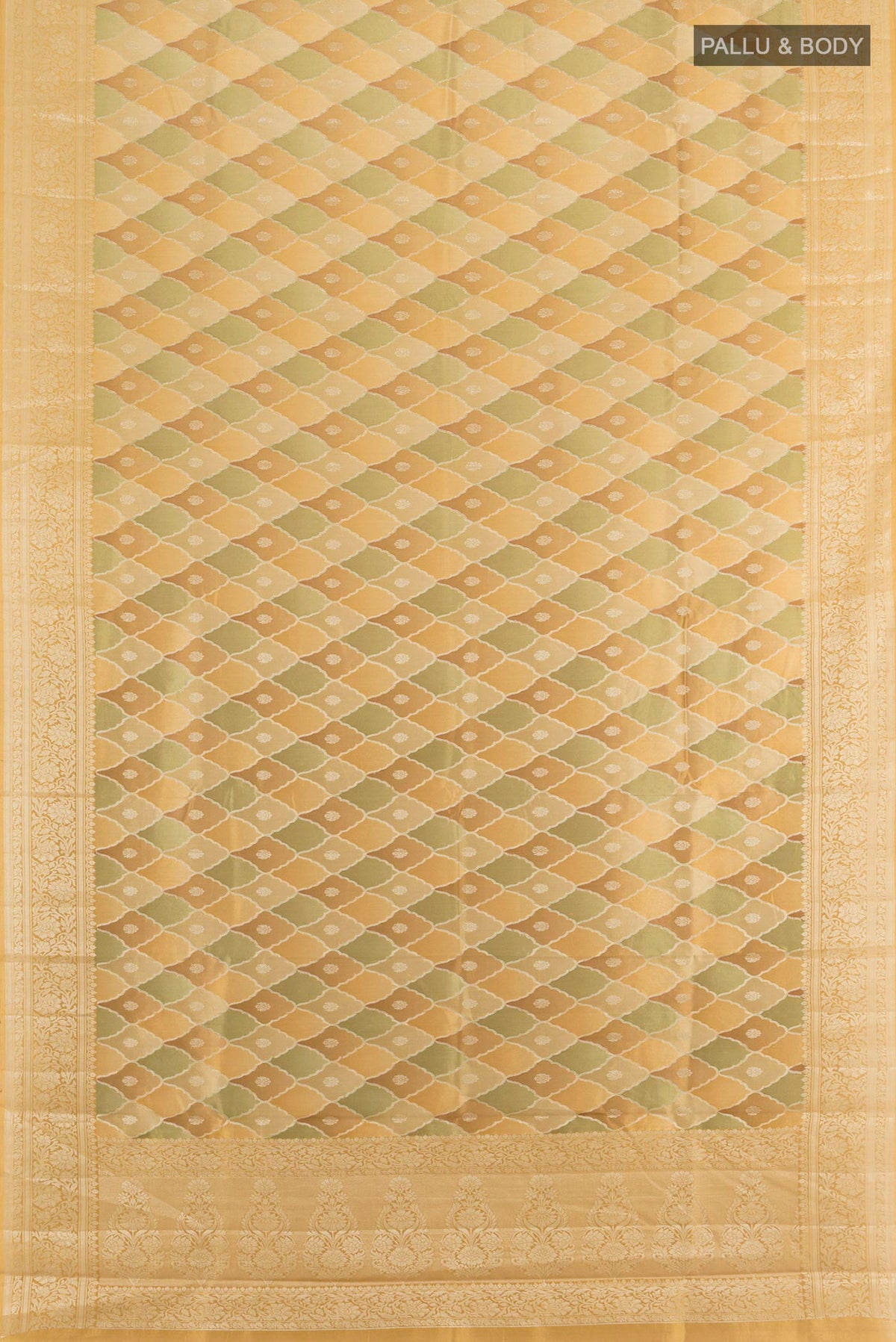 Flat view of Pure Silk Sandal Banarasi Tussar Saree with Zari Butta on the body and Zari Border. 