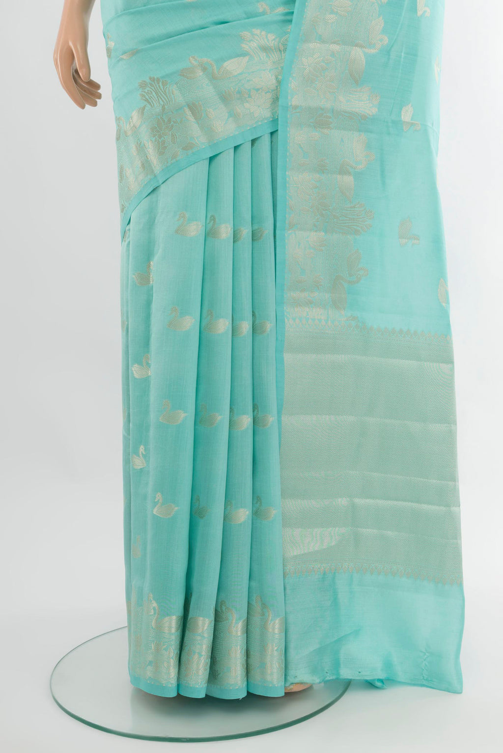 Pleats and pallu of Sky Blue Banarasi Raw Silk Saree with Zari Butta on the body and Zari Border. 