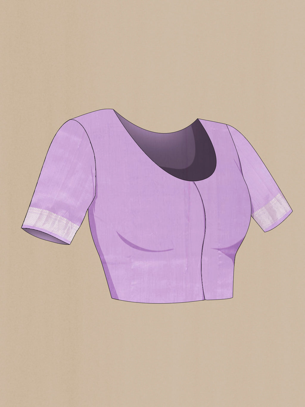 Close up image of the blouse of Pure Silk Lavender Banarasi Raw Saree with Zari Butta on the body and Zari Border. 