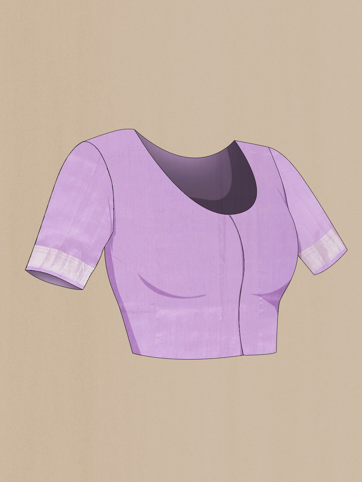 Close up image of the blouse of Pure Silk Lavender Banarasi Raw Saree with Zari Butta on the body and Zari Border. 