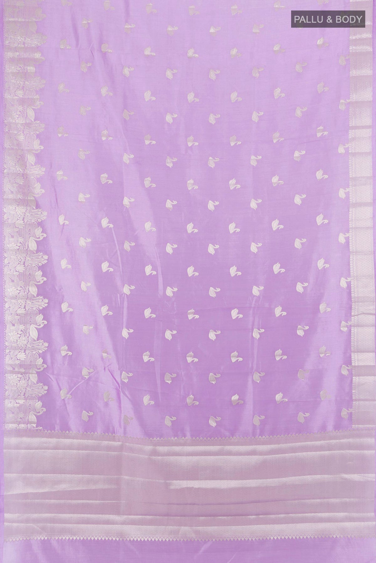 Flat view of Pure Silk Lavender Banarasi Raw Saree with Zari Butta on the body and Zari Border. 