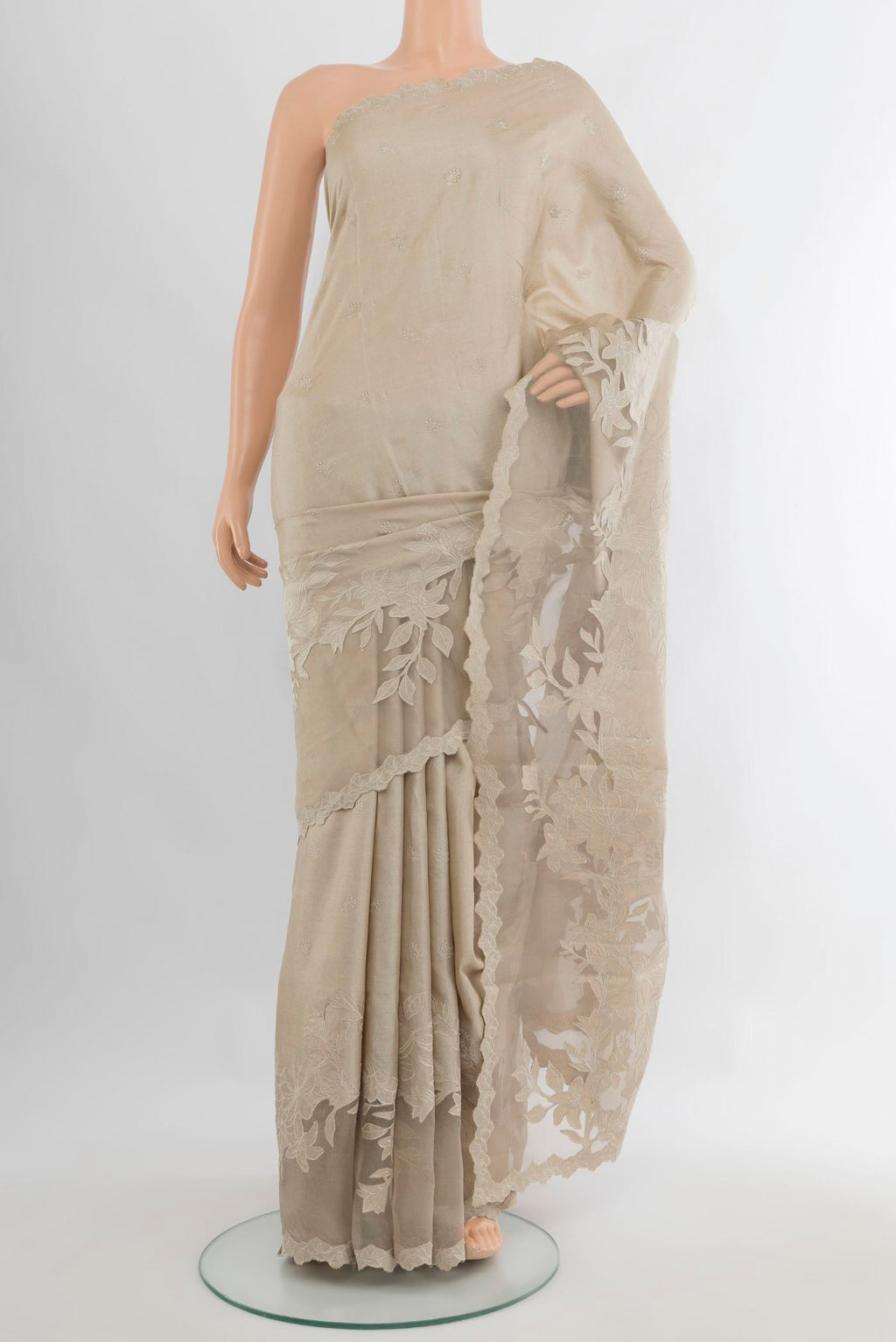 Beige Tussar Saree with Embroidery on the body and Embroidery Border.  displayed on a mannequin