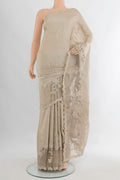Beige Tussar Saree with Embroidery on the body and Embroidery Border.  displayed on a mannequin