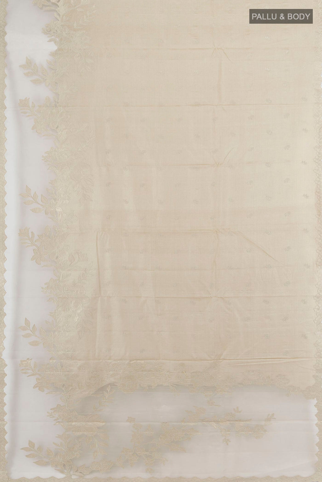 Flat view of Beige Tussar Saree with Embroidery on the body and Embroidery Border. 